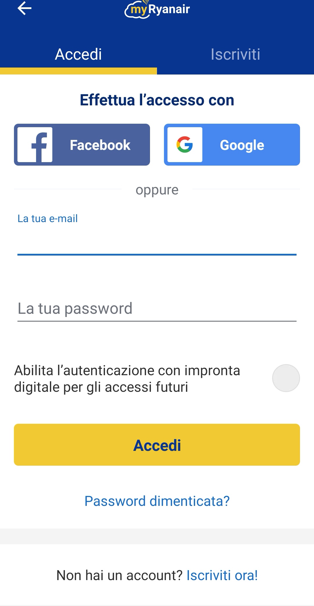 app Ryanair registrazione