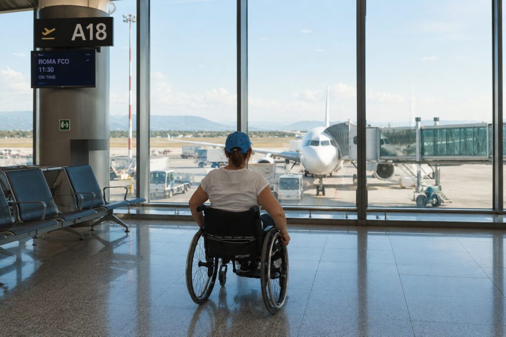 In aereo con sedia a rotelle